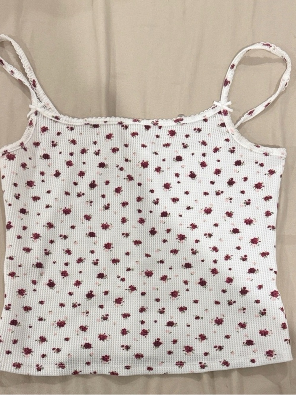 Floral Ribbed White Camisole Tank with Pink Ditsy Print